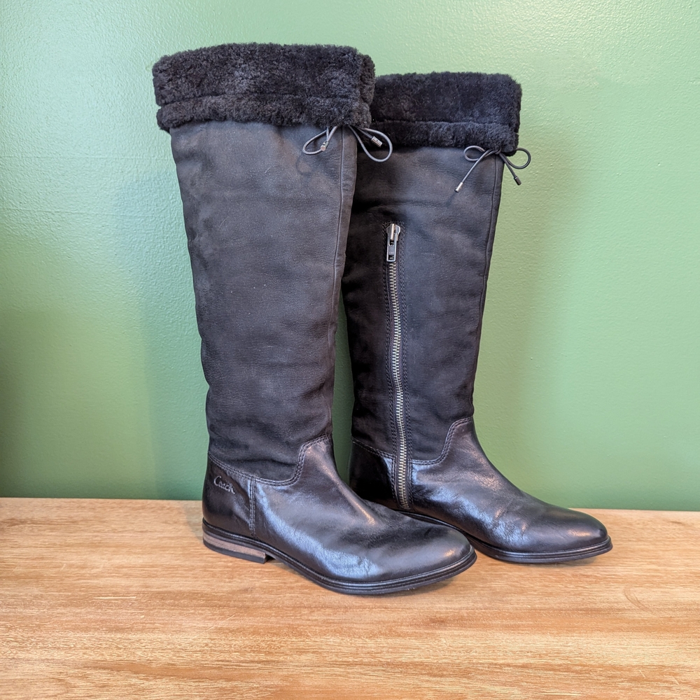 Coach Vintage Teresa Black Leather Suede Winter Boots With Fur Trim Size 10